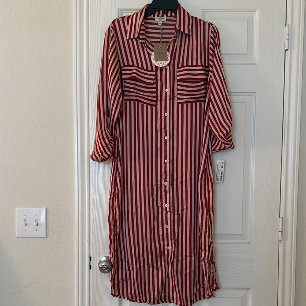 Umgee Red and White Striped Button-Up Dress